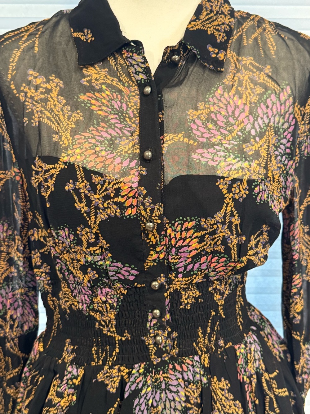 Free People Fake Pretend Black Floral Long-Sleeve Tiered Mini Dress 1040 - Picture 4 of 6
